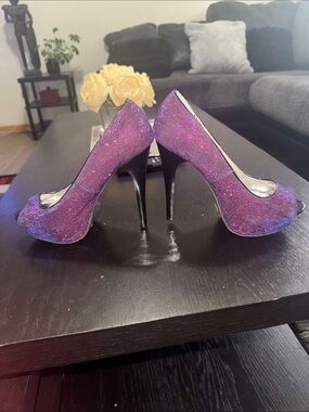Shi by JOURNEYS Purple Glitter Peep-Toe Heels with Black Stilettos